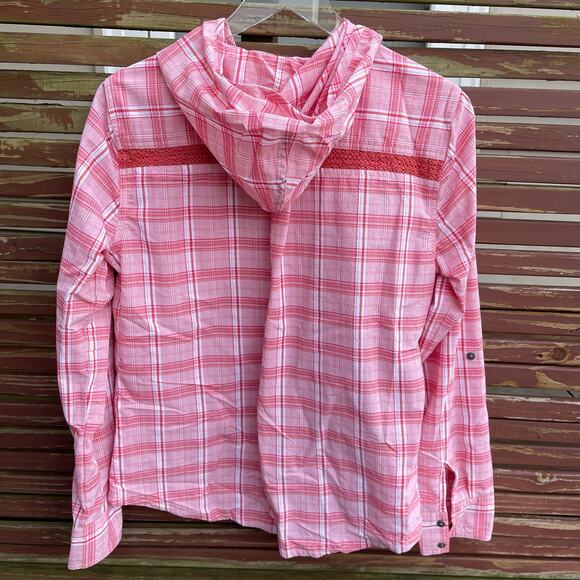 Prana Anja Hooded Shirt Plaid Roll Tab Button-Front Pullover Pink Size Medium - Picture 5 of 10